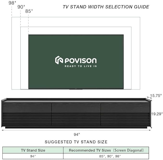POVISON Fully-Assembled Mid Century Modern TV Stand, 94.49" Wood Media Console