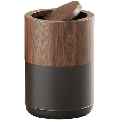 3.1 GAL Modern Metal Trash Can with Realistic Wood Texture,Built-in Bag Holder,Flip Lid,Small Bathroom Garbage Can for Bathroom,Home,Office,Living Room (3.1gal Swing lid)