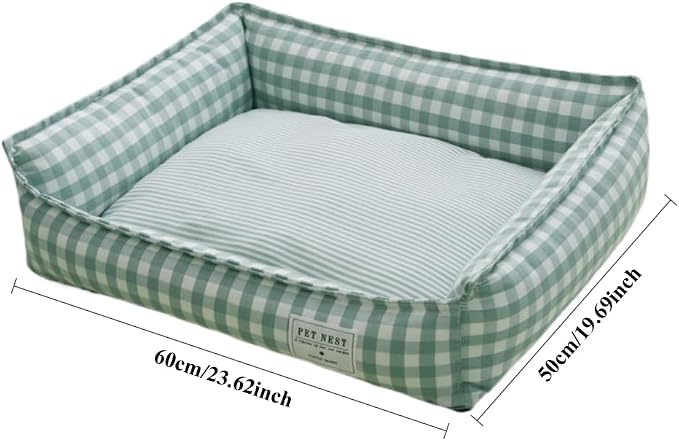 Orthopedic Rectangle Dog Bed for Medium Small Dogs, Plaid Plush Modern Puppy Sofa Bed with Anti-Slip Bottom, Cute Calming Pet Bed(Green,Large)