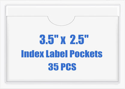 Origin-Joy 35 PCS Self Adhesive Index Card Pockets with Top Open, Clear Plastic Label Holder for Cards of Note, Library and Business, Adhesive Label Pockets & Card Holder (3.5 x 2.5 inch)