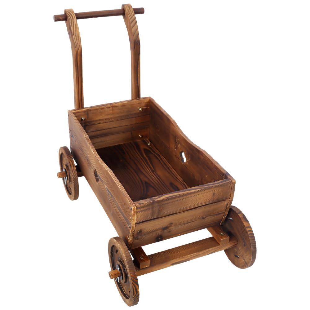 Endvler Wooden Garden Wagon Decor with Wheels, Mobile Garden Planter with Handle and Drain Hole, Decorative Wagon Cart Rustic Flower Planter Flower Cart for Patio, Garden, Balcony (Style B)