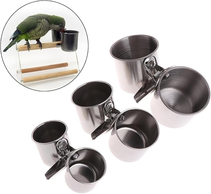 Bird Water Feeder Dishes Food Bowl for Cage Cups Clip On Perches Parrot Stainless Steel Birdcage Bowls with Clamp Toys for Small Birds