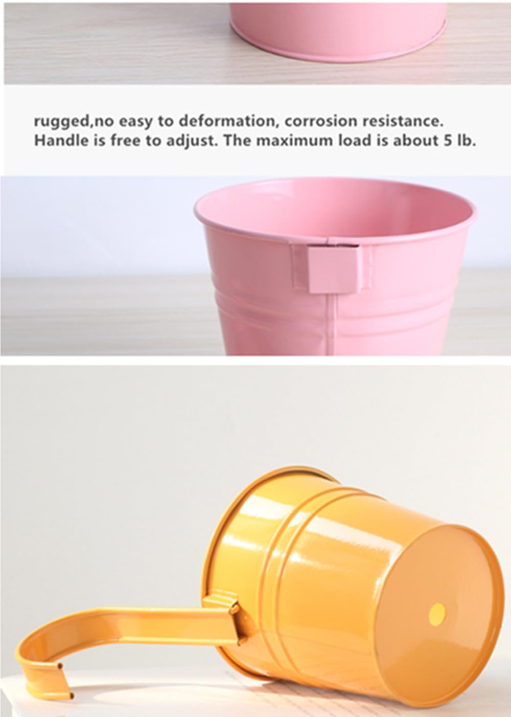 Leoyoubei Hanging Flower Pots for Outdoor Indoor Plants with Removable Hooks -5 Pack Metal Buckets Plant Pots Wall Fence Home Decor-Storage Box,Drainage Holes -5''Diameter (Pink)