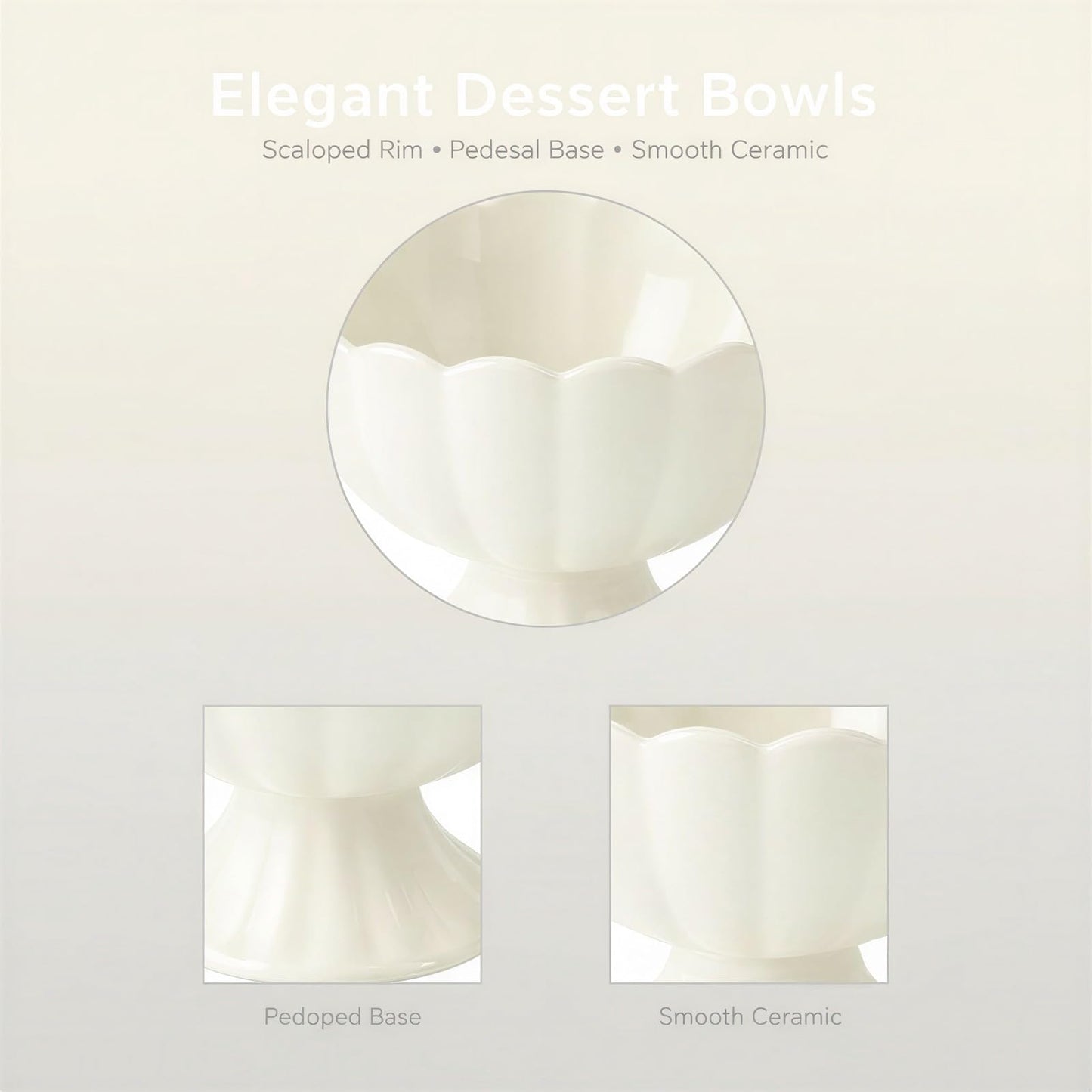 4 Pcs Ceramic Dessert Bowls Set, Elegant Scalloped Rim Pedestal Cups with 4 Spoons, 6.76 fl oz Small Dessert Bowls, Smooth Finish, Easy Clean, 4.5 x 3.5 in for Ice Cream, Snacks, Puddings, White