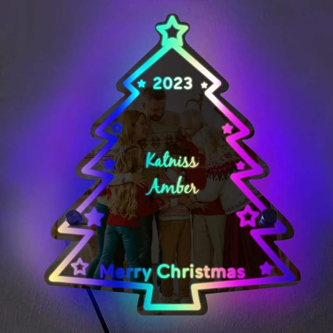 VEELU Personalized Custom Name Mirror LED Light Up, Christmas Tree Wall Decor