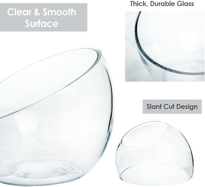 Slant Cut Bowl Glass, Glass Fish Bowl Vase, 6" Height x 7" Width Fruit Jar, Candy Dish, Clear Terraium, Flower Centerpiece