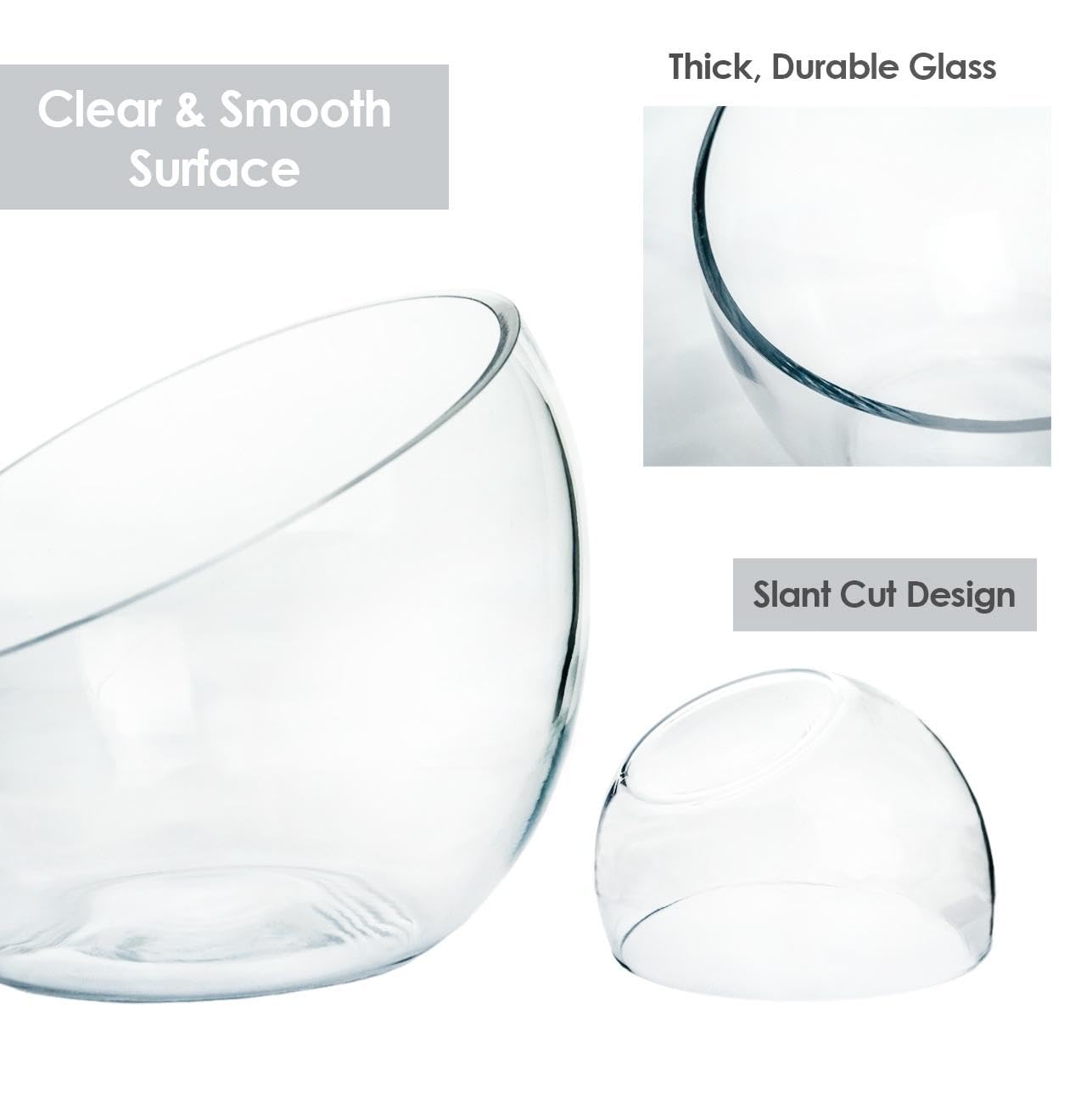 Craft And Party, Slant Cut Bowl Glass Vase, Glass Fish Bowl Vase, 8.5" Height x 10" Width Fruit Jar, Candy Dish, Clear Terraium, Flower Vase Centerpiece