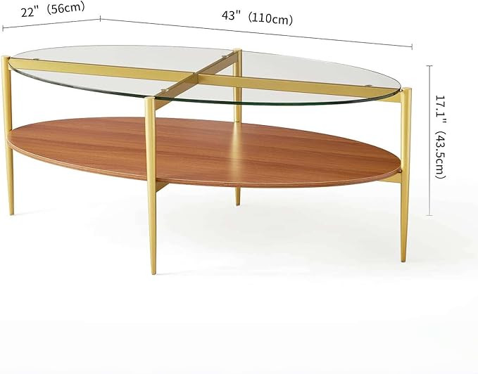 LumFurn Oval Glass Coffee Table, Mid-Century Modern Design, L43 x W22 x H17 inch