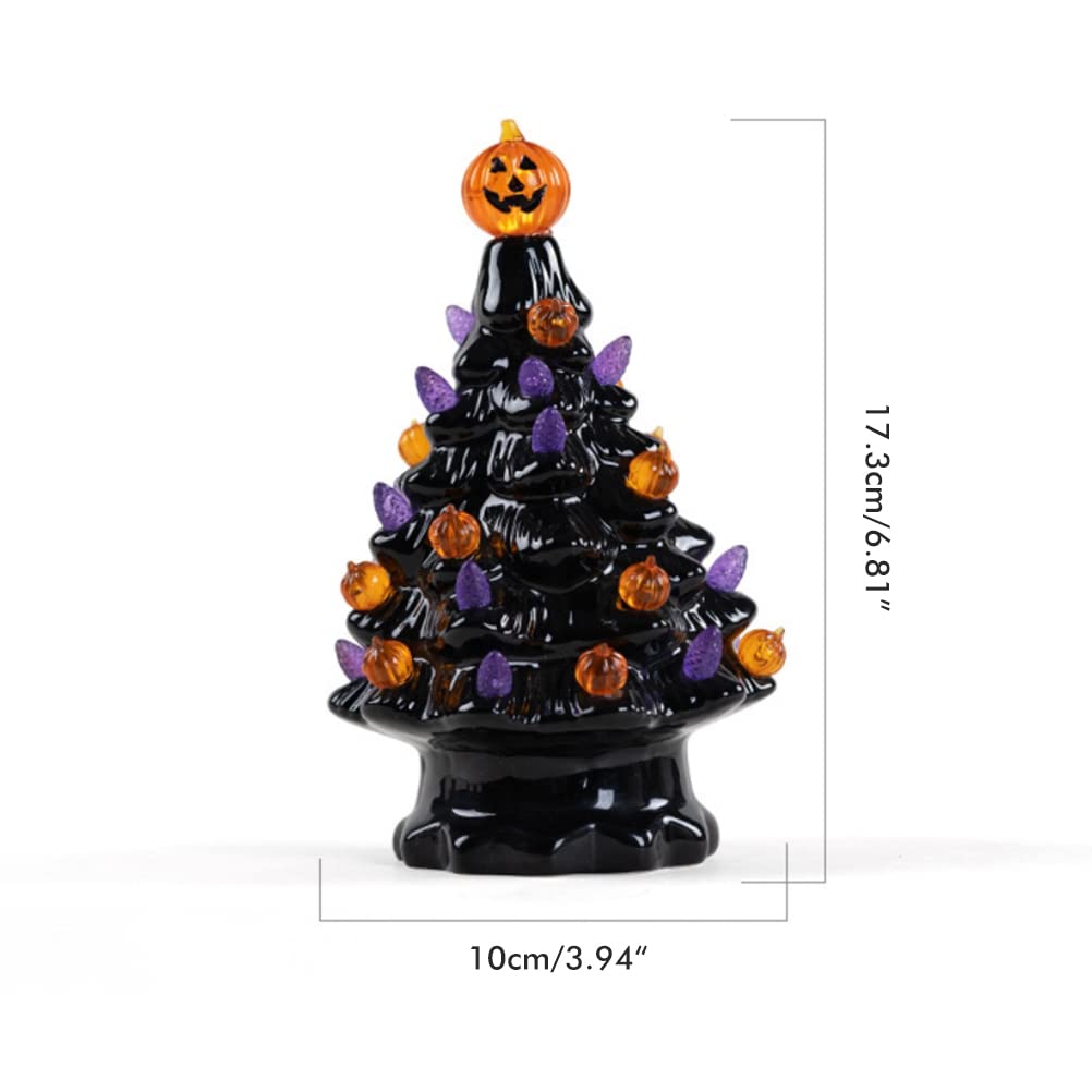 Halloween Ceramic Tree Decorations, Lighted Black Ceramic Tree with Glowing Pumpkin Lights Battery Powered Tabletop Lamp for Indoor Home Office Halloween Fall Decor, 3.94x6.81in