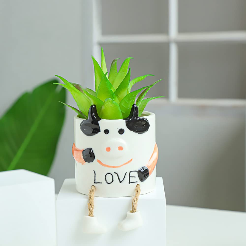 DIYOMR Ceramic Cow Planter, Cute Cartoon Smooth Glazed Flower Plant Pots Drainage Hole Small Succulent Pots for Mini Flower Planters Cactus, Plants Not Include (Cow)
