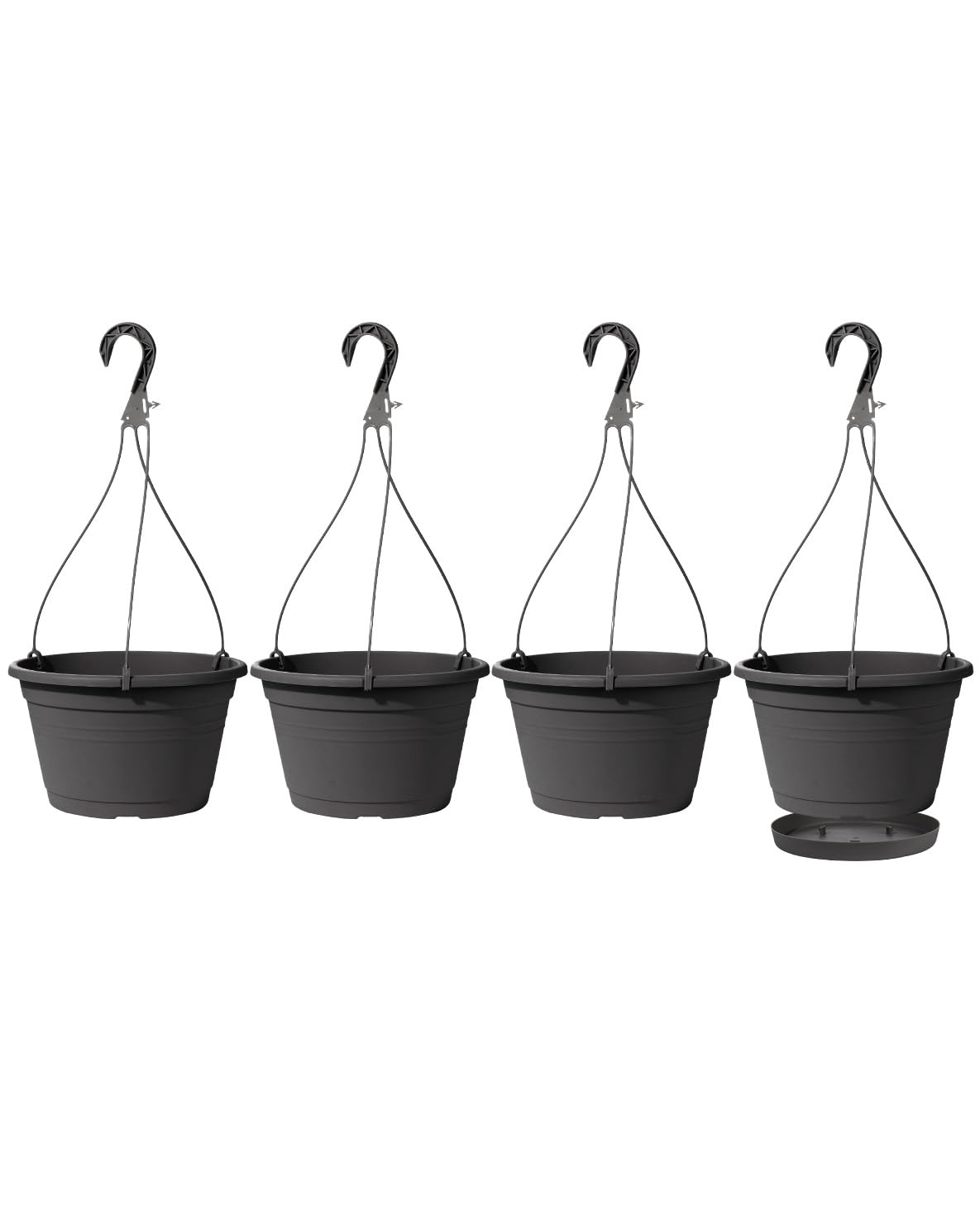 VIDELLY 4 Pcs Hanging Planters,10" Hanging Pots Plastic Hanging Flower Plant Basket with Drainage Trays & Chain Holder for Outdoor Indoor Plants Garden Balcony Decoration, Dark Gray