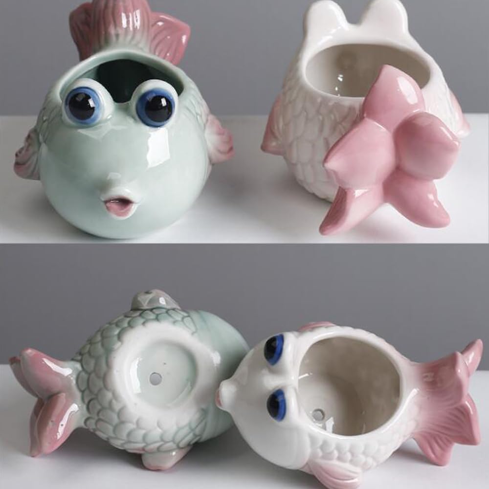 DIYOMR Tropical Fish Ceramic Planter, 5.8 Small Flower Pot Decoration Desktop Windowsill Decor,Indoor Outdoor Succulent Cactus Pot for Plant Lover (Pink)