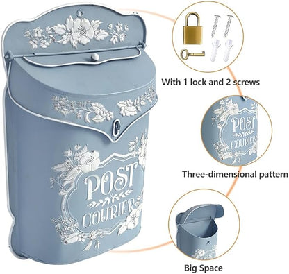 BIG FORTUNE Wall Mount Mailbox for House Outside Vintage Metal Door Mailbox Antique Style Nostalgic Charm Home Decor Garden Vintage English Cottage Decor Flower Patter