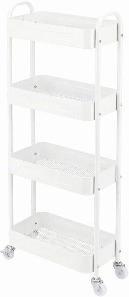 4 Tier Slim Kitchen Storage Cart for Narrow Space, 7.1'' Wide Metal Rolling cart with Wheels and Lockable Casters, Sturdy Mobile Thin Shelf for Laundry Room Between Washer and Dryer, White
