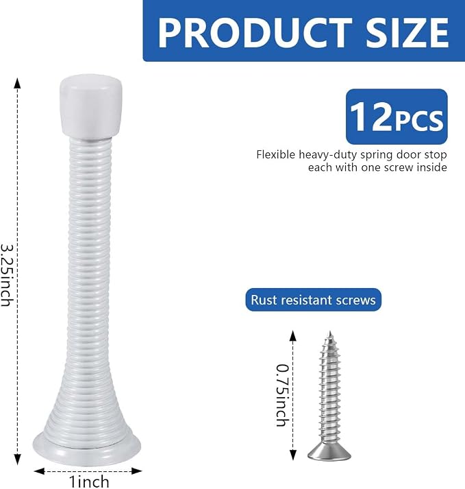 KISEER 12 Pack Spring Door Stops 3 1/4 Inch Flexible Heavy Duty Spring Door Stopper with RustProof Screw Rubber Bumper Tips (White)