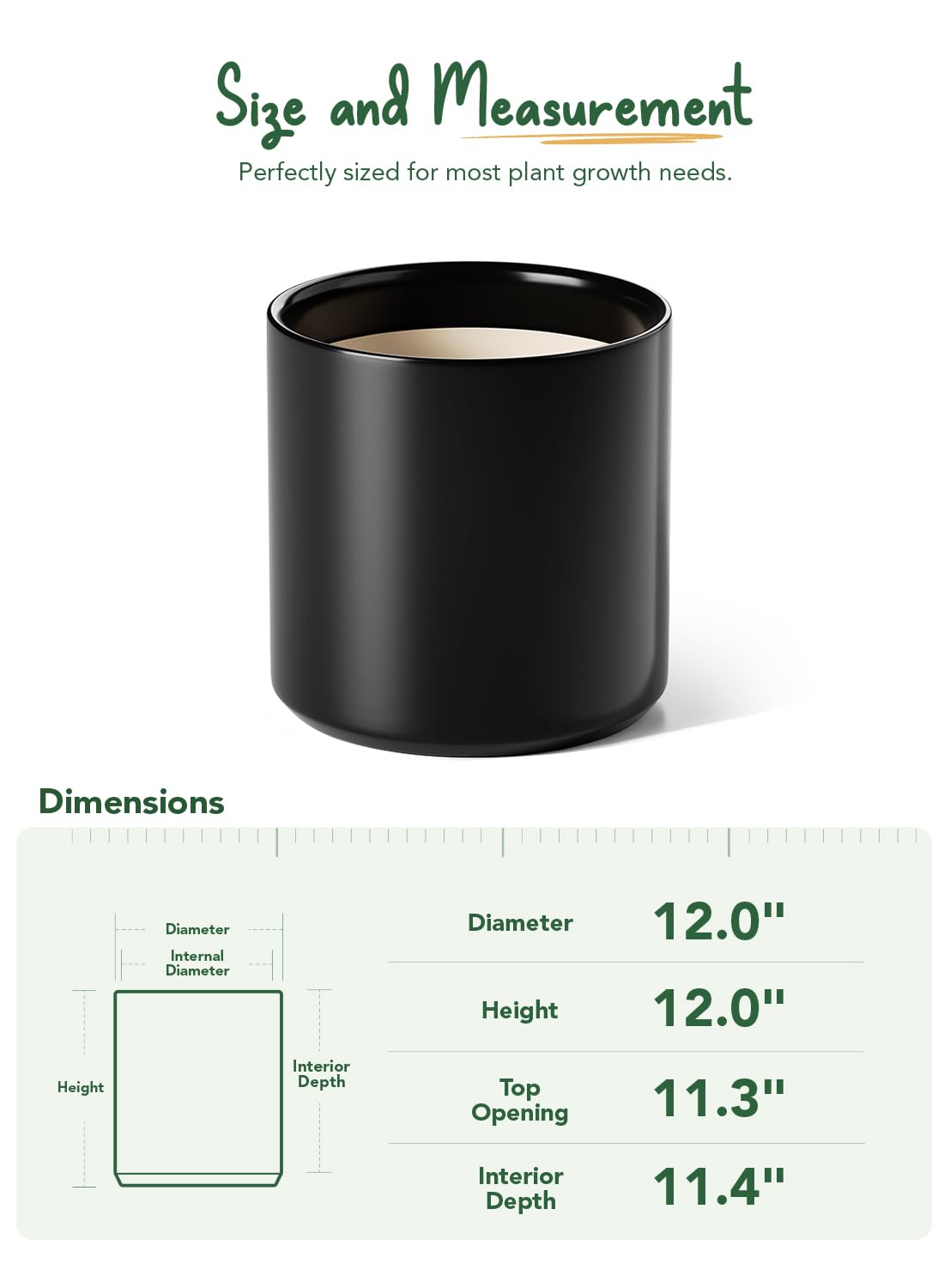 LE TAUCI 12 Inch Pot for Plants, Ceramic Planters for Indoor Plants, Mid-Century Modern Cylinder Flower Pots with Drainage Hole, Fits Fiddle Leaf Fig & Monstera, Home Decor, Black