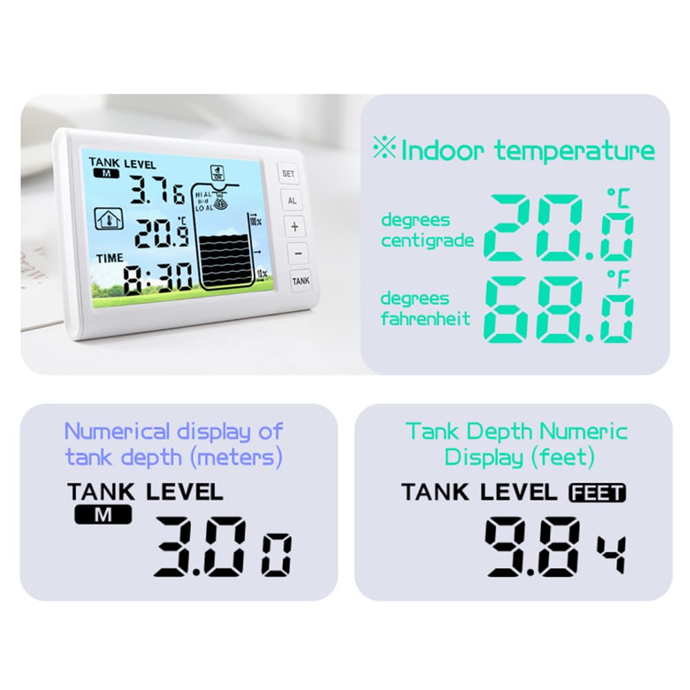 VISLONE Ultrasonic Water Level Monitor Tank Liquid Level High/Low Alarm Solar Powered Water Level Sensor Water Level Indicator Gauge IP65 Waterproof