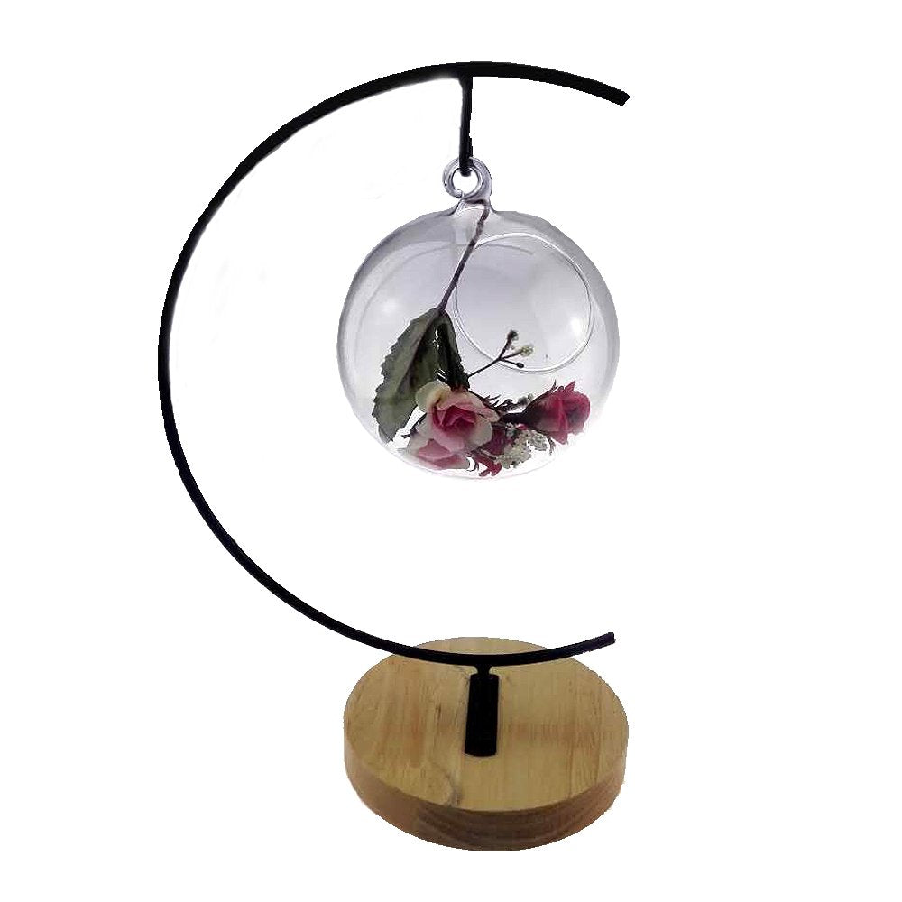 Archi G-shaped Ornament Display Stand Iron Pothook Stand for Hanging Glass Terrarium/Picture with Wood Base (Iron Stand with Wood Base)