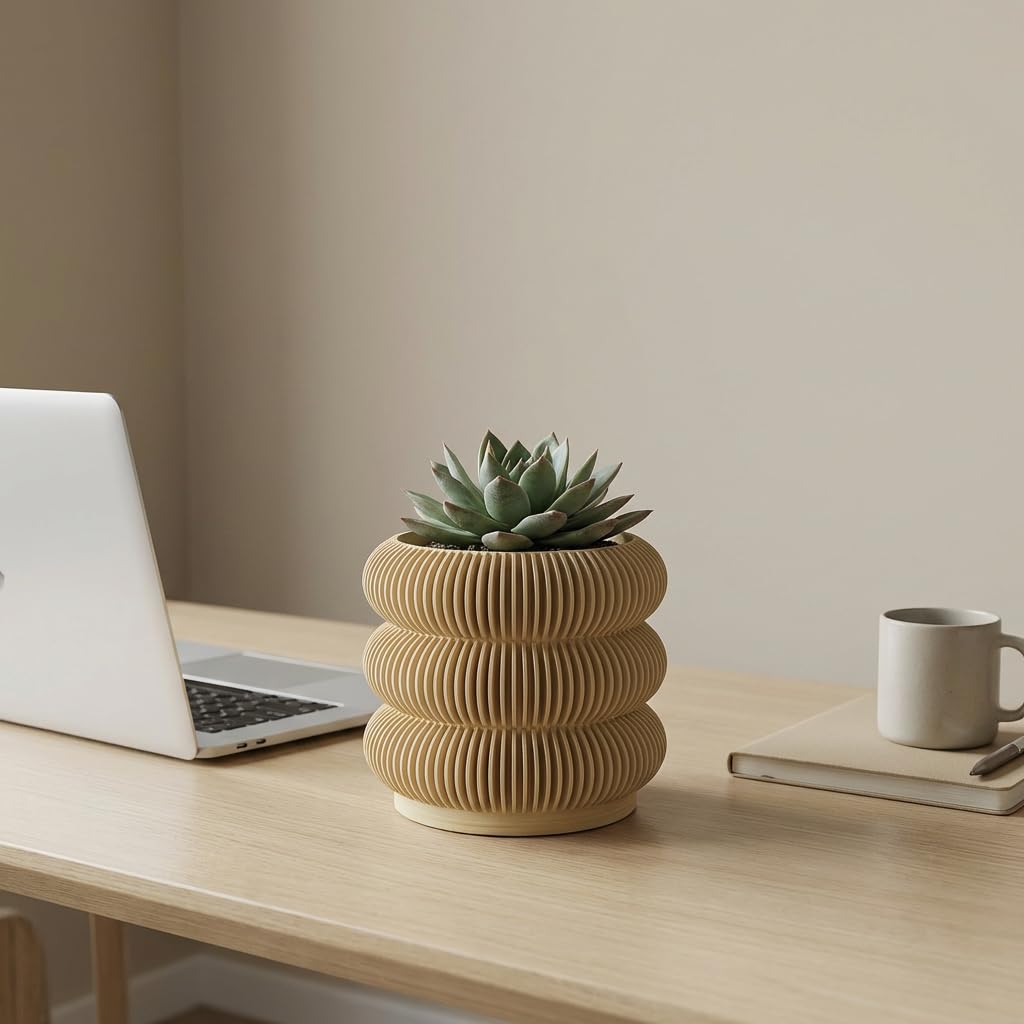 Fabix3D Modern 3D Printed Planter Pot, Minimalist Ripple Design, Lightweight PLA Material, Round Shape with Drainage and Saucer, for Succulents and Indoor Plants (Wood, 4.7")