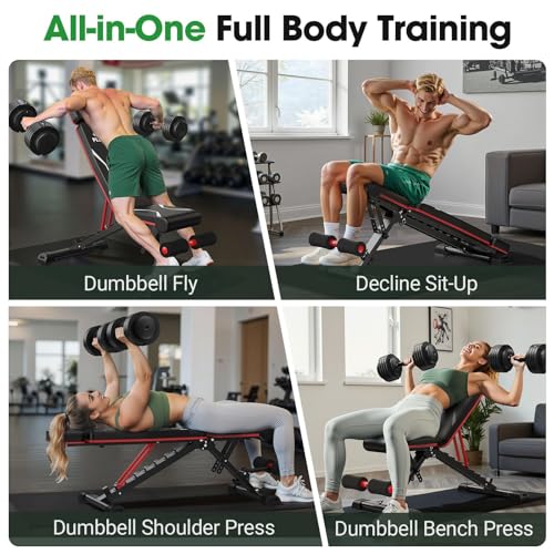 FLYBIRD Adjustable Weight Bench Fits up to 6'5'', 750LBS Capacity for Full Body Workout, 27LBS Sturdy Foldable Bench Press for Home Gym, 5X Stable Lifting Bench Incline Decline Flat Dumbbell Exercise