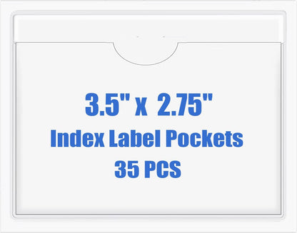 Origin-Joy 35 PCS Self Adhesive Index Card Pockets with Top Open, Clear Plastic Label Holder for Cards of Note, Library and Business, Adhesive Label Pockets & Card Holder (3.5 x 2.75 inch)