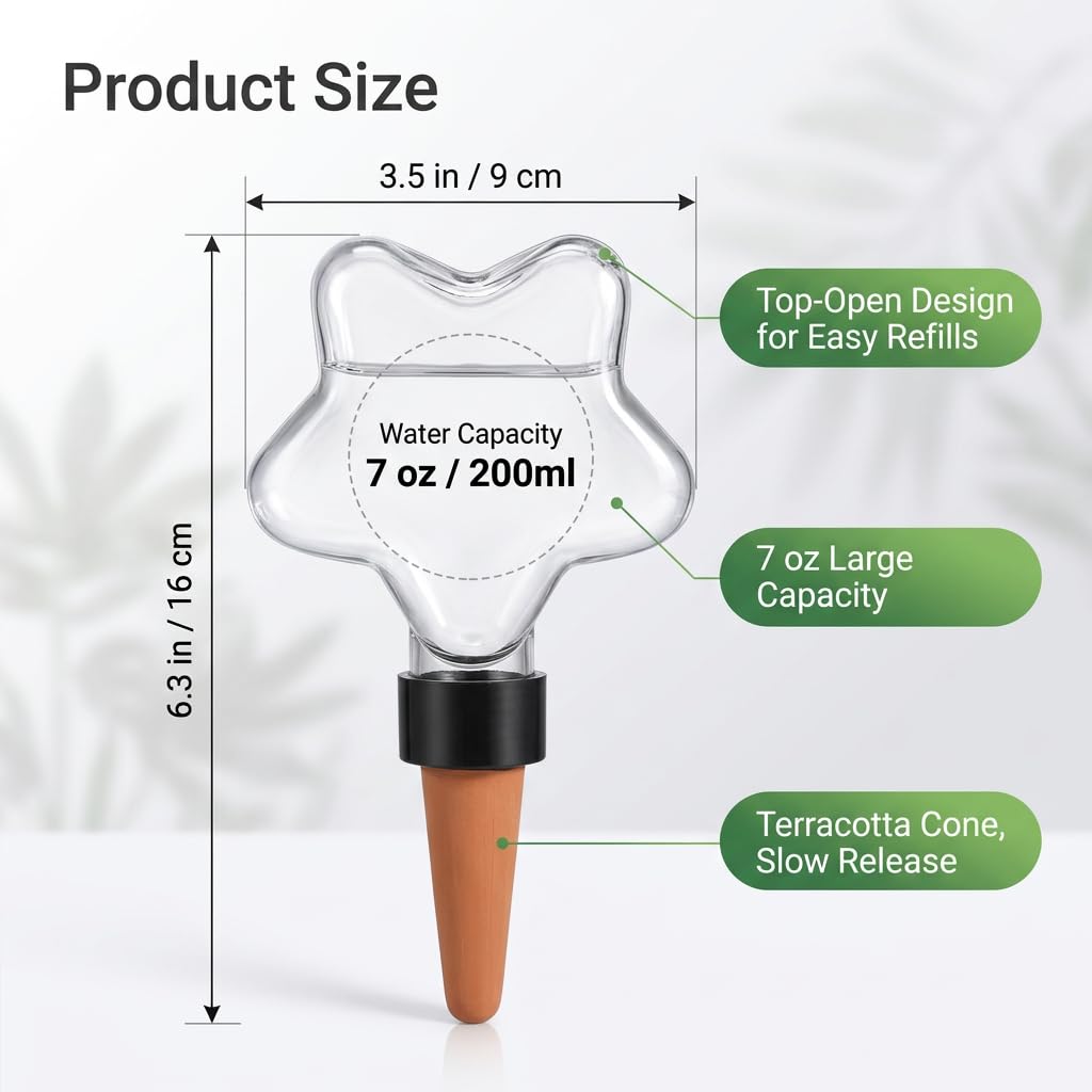 Kysren 4 Pcs Self Watering Globes for Indoor Plant Lovers - Top-Fill Plant Watering Devices for Vacation, 7oz Clear Plastic Star Watering Bulbs with Terracotta Spikes