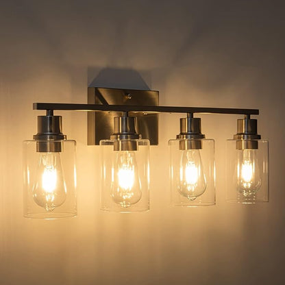 EMONG Brushed Nickel Bathroom Light Fixtures, 4-Light Vanity Lights with Clear Glass Shade, Wall Sconces for Hallway, Farmhouse, Living Room, Kitchen