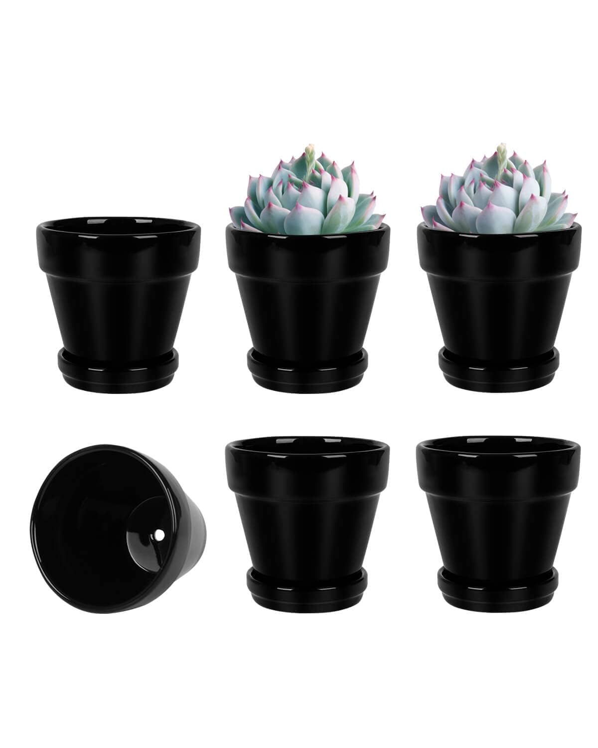 vensovo 4 Inch Black Ceramic Pots for Plant with Saucer - 6 Pack Small Ceramic Planter with Drainage Hole, Flowerpot with Tray, Great for Indoor Outdoor Plants, Crafts, Wedding Favor