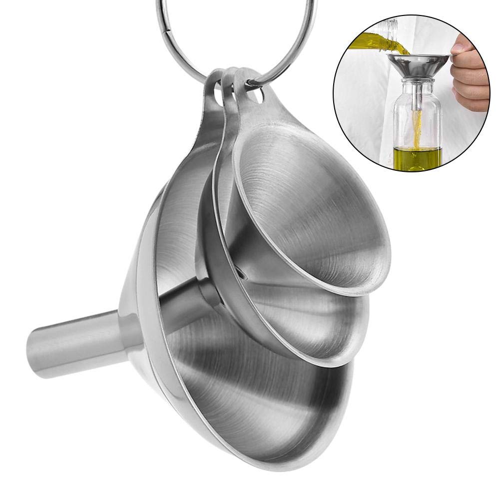 3 in 1 Metal Funnels for Filling Bottles Stainless Steel Small Kitchen Funnel Set for Transferring Essential Oils Liquid Fluid Spice Dry Ingredients Powder,Durable (‎Short-Handled Funnel)
