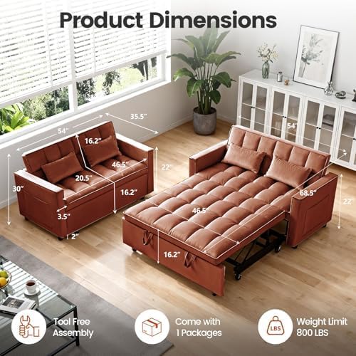 3 in 1 Convertible Sofa Bed, Velvet Fabric Loveseat Sleeper Couch, Modern Pull