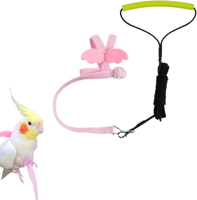 Pet Parrot Bird Harness and Leash, Adjustable Training Design Anti-Bite, Bird Nylon Rope with Cute Wing for Lovebird Budgie African Grey Macaw Conure (Pink,XL)