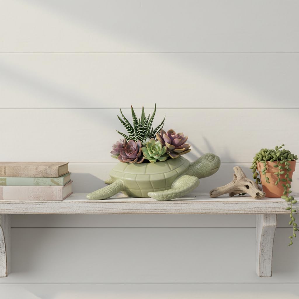 Comfy Hour 9" Sea Turtle Succulent Planter, Decorative Ceramic Turtle Flower Pot for Cactus and Small Plants, Ocean Theme Indoor Outdoor Tabletop Display, Palegreen Dolomite, 1 Unit