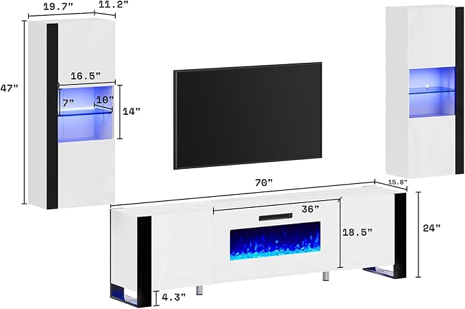 AMERLIFE 3 Piece Modern Wall Unit Entertainment Center Set, High Gloss 70"