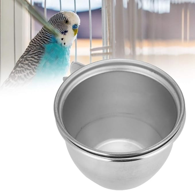 SYH&AQYE Stainless Steel Bird Food Water Coop Cup, Bird Feeding Dish Feeder with Clamp Holder for Macaw African Greys Budgies (8.5cm)