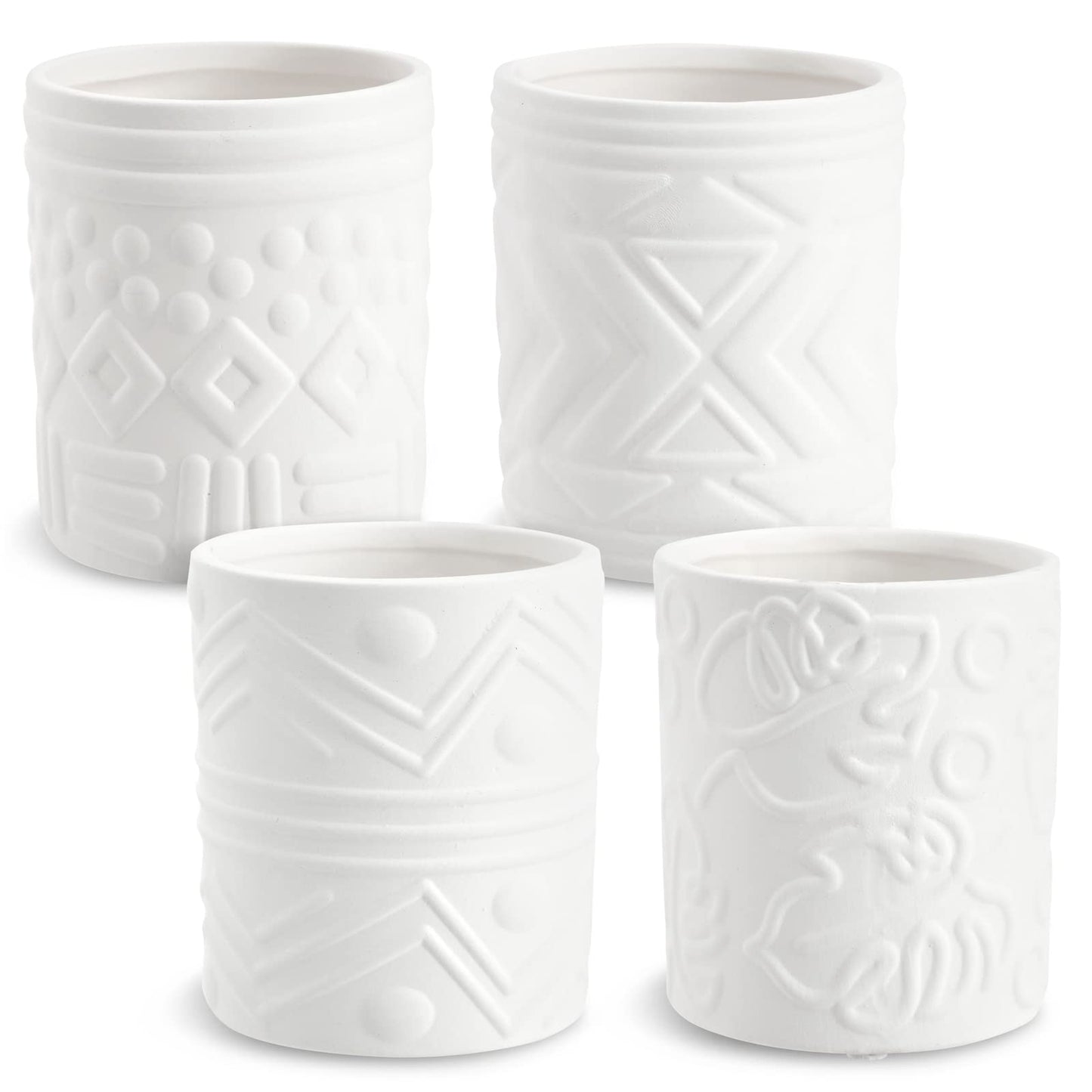 Bright Creations - Themed Designs, Unpainted Flower Pots with Drainage Holes, Rubber Plugs, and Small Sticker Pads (3x3x4 inches, White) - Set of 4