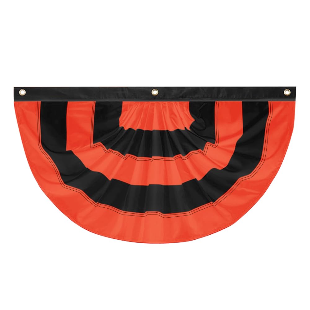 LinaGarten Halloween Bunting Flag 2 x 4 ft Fully Sewn Orange & Black 5 Stripe with 3 Grommets Pleated Half Fan Flag Bunting Banner Trick or Treat Halloween Decor Outside Porch Garden Outdoor Yard Indoor Home