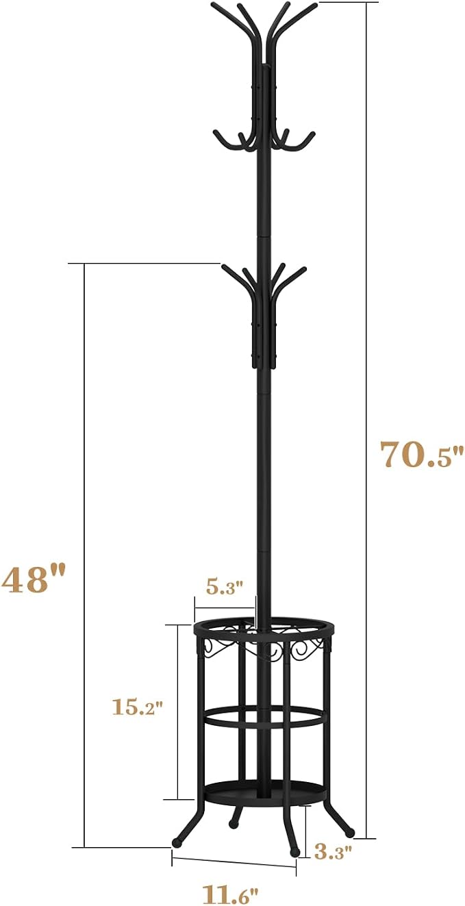 Coat Rack Freestanding with Umbrella Holder – Metal Hanger Stand, Hall Tree with 12 Hooks, Entryway Organizer for Hats, Bags, and Clothes (Black)