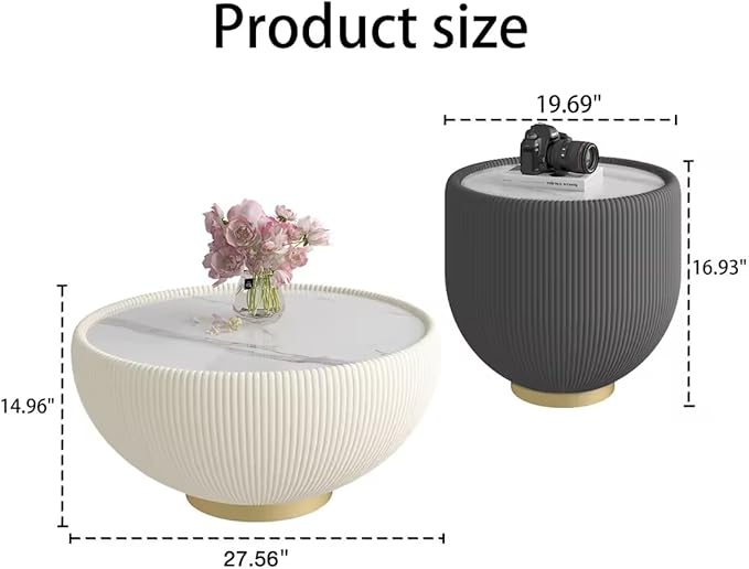 Round Marble Coffee Table Set of 2, 2 Piece White Coffee Table and End Table