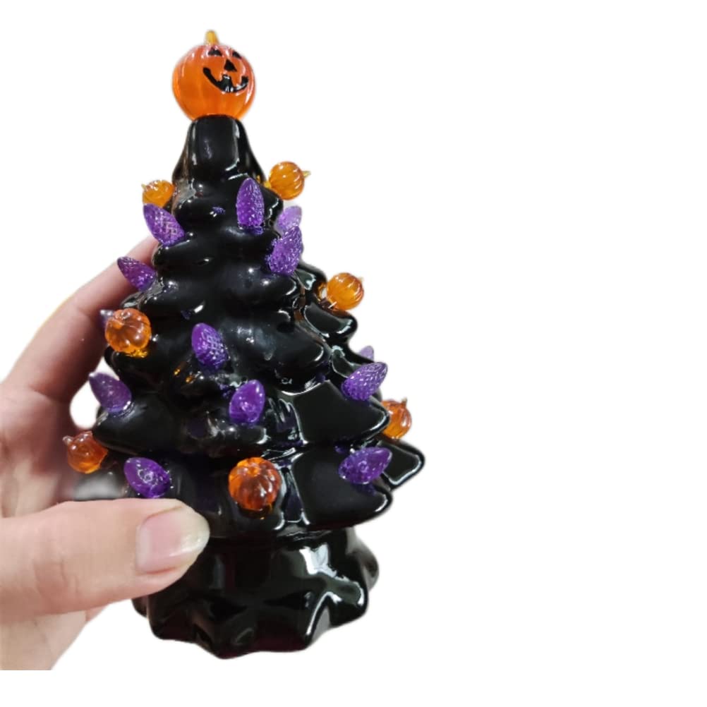 Halloween Ceramic Tree Decorations, Lighted Black Ceramic Tree with Glowing Pumpkin Lights Battery Powered Tabletop Lamp for Indoor Home Office Halloween Fall Decor, 3.94x6.81in