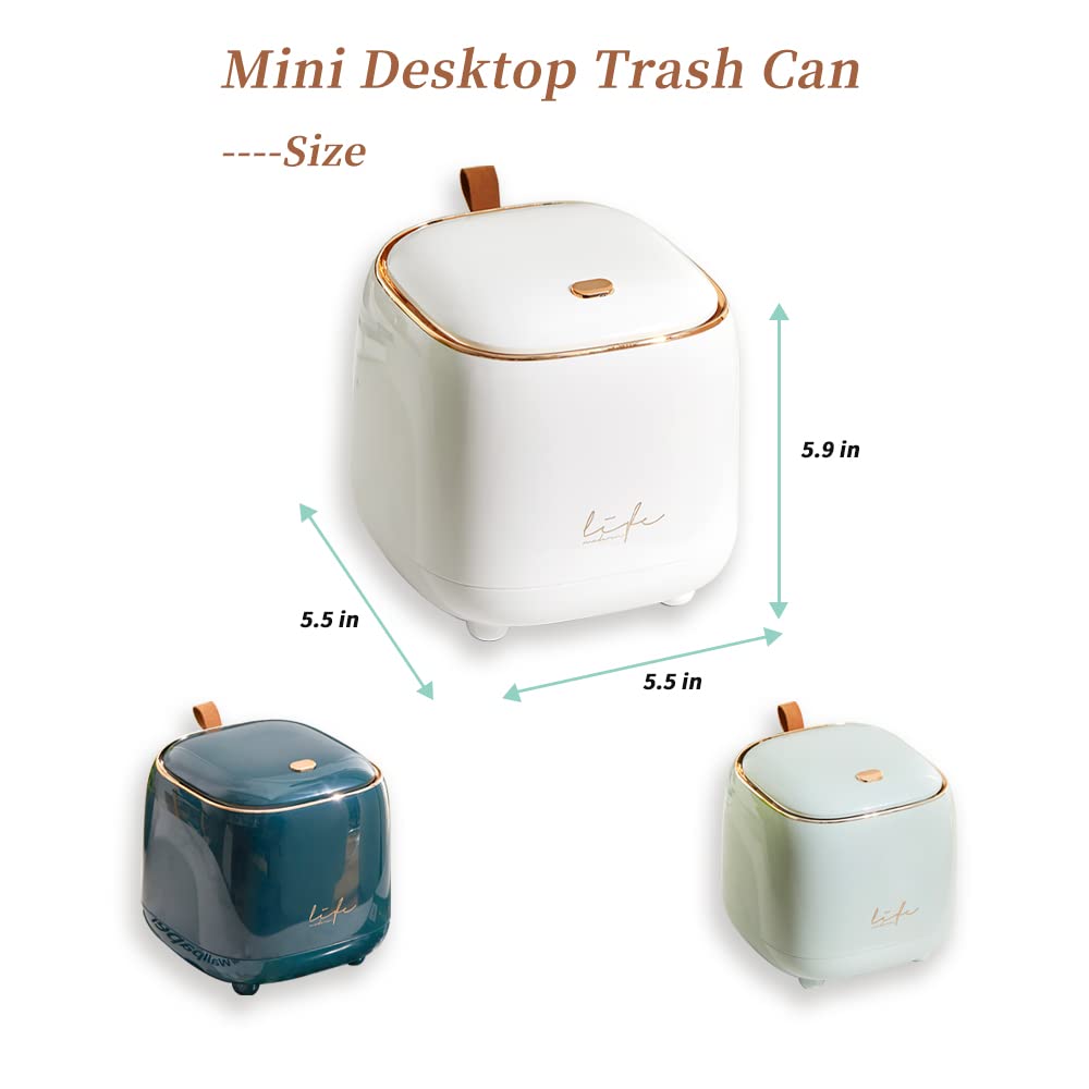 WDPUCHU Mini Countertop Trash Can with 5 Rolls of Trash Bags, Waste Can with Press Type Lid, 0.5 Gallon/1.5 Liter Wastebasket Trash Can Dispenser, Mini Bin for Bathroom Vanity,Coffee Table (White)