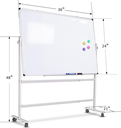 Rolling White Board 36x24 in, Dry Erase Board with Stand, Double-Sided Magnetic Mobile Whiteboard, Height-Adjustable for Office Classroom and Home