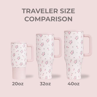 HydroJug Traveler - 40 oz Water Bottle with Handle & Flip Straw - Fits in Cup Holder, Leak Resistant Tumbler-Reusable Insulated Stainless Steel & Rubber Base - Gifts for Women & Men, Wildrose