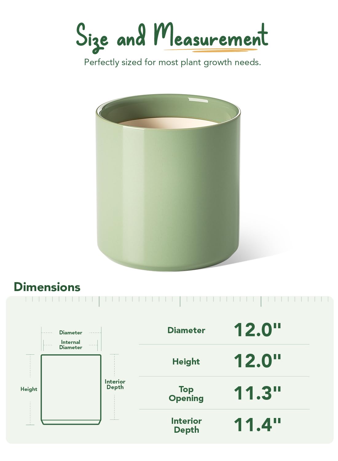 LE TAUCI 12 Inch Pot for Plants, Ceramic Planters for Indoor Plants, Mid-Century Modern Cylinder Flower Pots with Drainage Hole, Fits Fiddle Leaf Fig & Monstera, Home Decor, Sage Green