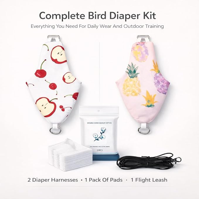 2PCS Bird Diaper Harness Kit with Disposable Pads and Flight Training Leash, Reusable Bird Diaper for Parrots Cockatiels Conures and Parakeets, Adjustable Bird Harness for Indoor Use(M)
