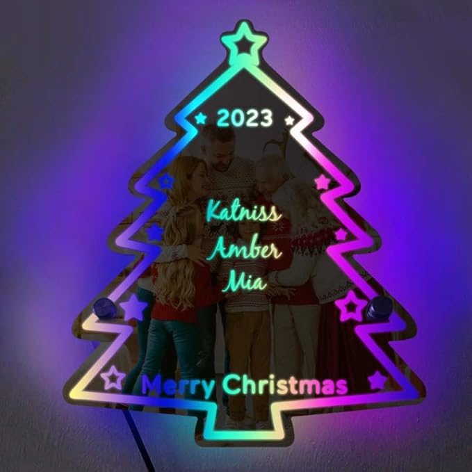 VEELU Personalized Custom Name Mirror LED Light Up, Christmas Tree Wall Decor