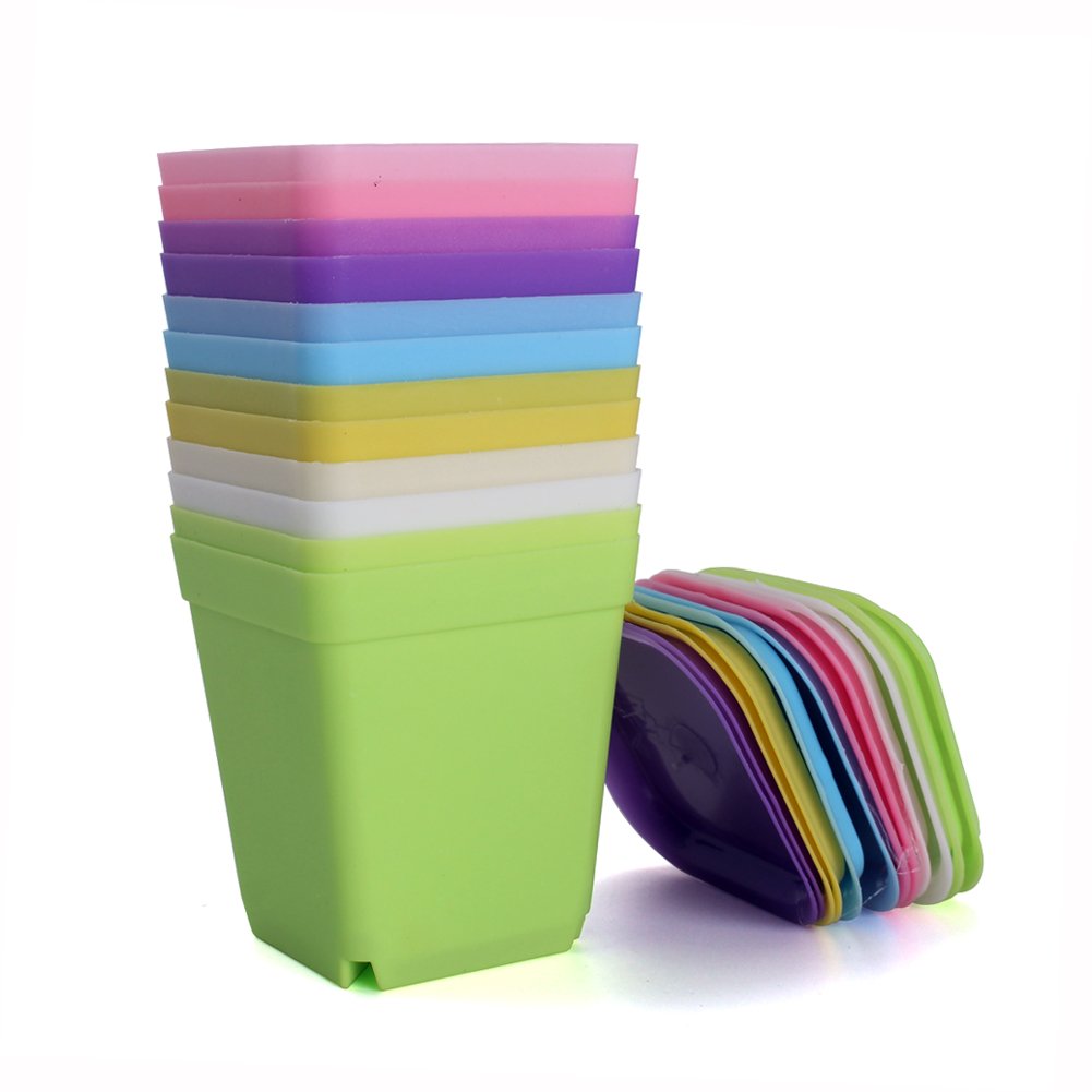 WARMBUY Colorful Plastic Flower Pots with Saucers for Small Plants, Set of 12 (Pack of 2)