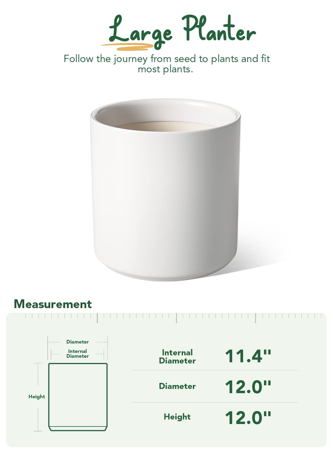 LE TAUCI 12 Inch Pot for Plants, Ceramic Planters for Indoor Plants, Mid-Century Modern Cylinder Flower Pots with Drainage Hole, Fits Fiddle Leaf Fig & Monstera, Home Decor, White