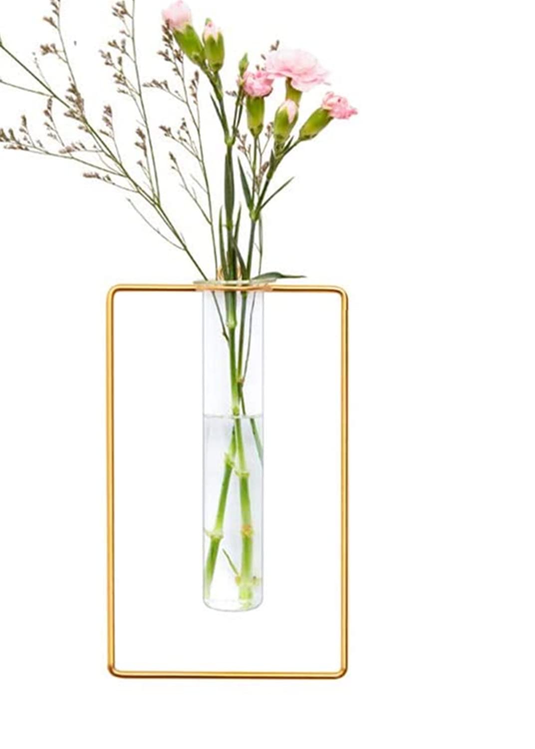 yaocoral Nordic Wall Vase Hanging Geometric Gold Flower Vase Wall Mount Metal Frame Vases Hydroponic Glass Bud Vase Decor for Home Wedding Farmhouse