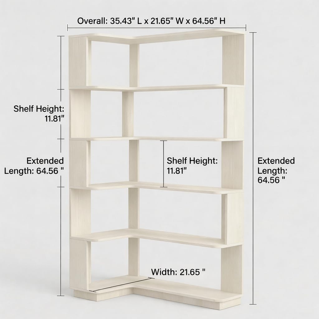 Arvolia 6 Tier Corner Bookshelf, Freestanding L-Shaped Wooden Bookcase with Open Shelves, Anti-Fall Panels and Anti-Tipping Device for Living Room, Home Office (White with Right Extension)