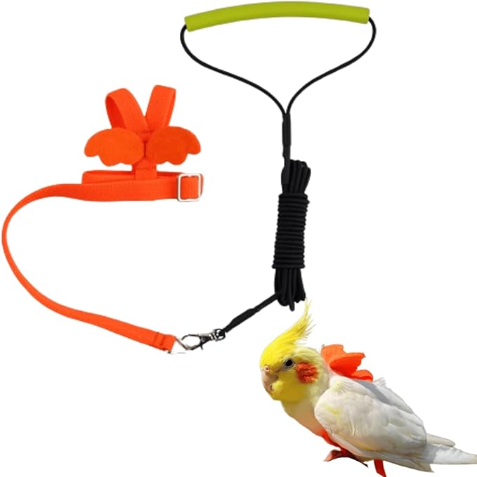 Pet Parrot Bird Harness and Leash, Adjustable Training Design Anti-Bite, Bird Nylon Rope with Cute Wing for Lovebird Budgie African Grey Macaw Conure (Orange,Sulphur-Crested Cockatoo)